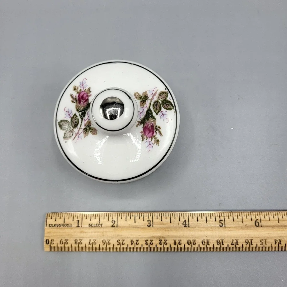 Vintage Porcelain Vanity Trinket Powder Jar Bowl With Lid Pink Rose Silver Trim